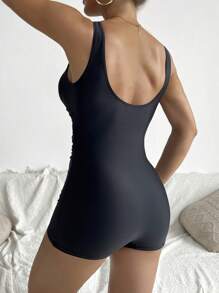 Swim SPRTY Summer Beach Solid One Piece Swimsuit - Black - View 5
