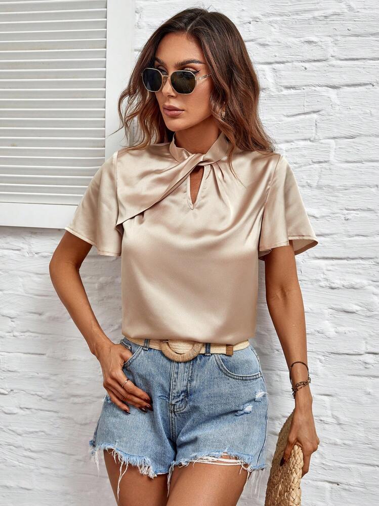 SHEIN LUNE Keyhole Neckline Butterfly Sleeve Satin Blouse - Apricot - View 1