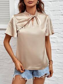 SHEIN LUNE 鎖眼領蝴蝶袖緞面襯衫 - 杏色 - 查看 6