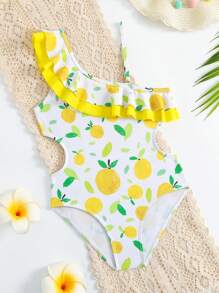 Traje de baño de una pieza para niña con doble volante y estampado de frutas para el verano - Amarillo - Ver 1
