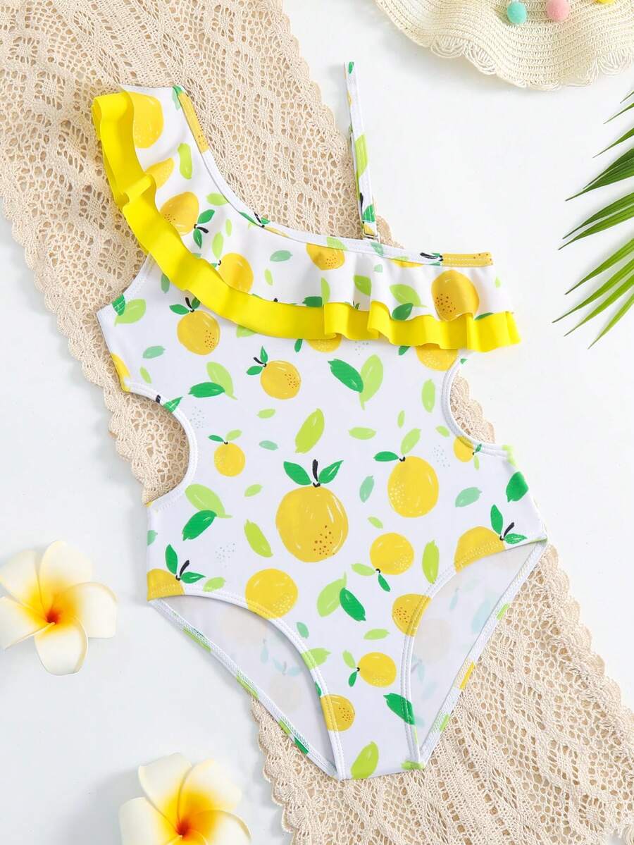 Traje de baño de una pieza para niña con doble volante y estampado de frutas para el verano - Amarillo - Ver 1