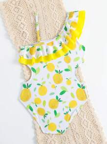 Traje de baño de una pieza para niña con doble volante y estampado de frutas para el verano - Amarillo - Ver 2