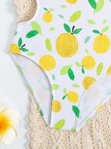 Traje de baño de una pieza para niña con doble volante y estampado de frutas para el verano - Amarillo - Ver 3