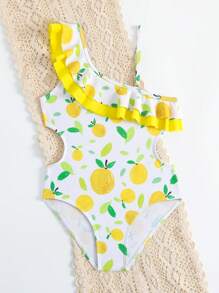 Traje de baño de una pieza para niña con doble volante y estampado de frutas para el verano - Amarillo - Ver 4