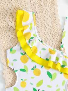 Traje de baño de una pieza para niña con doble volante y estampado de frutas para el verano - Amarillo - Ver 5