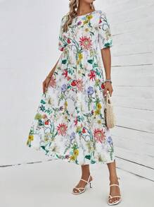 SHEIN LUNE Vestido con estampado floral de manga farol bajo con fruncido - Multicolor - Ver 2