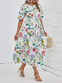 SHEIN LUNE Vestido con estampado floral de manga farol bajo con fruncido - Multicolor - Ver 5