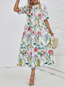 SHEIN LUNE Vestido con estampado floral de manga farol bajo con fruncido - Multicolor - Ver 1