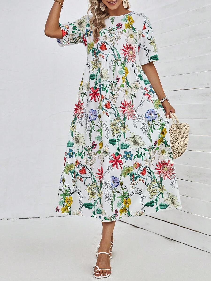 SHEIN LUNE Vestido con estampado floral de manga farol bajo con fruncido - Multicolor - Ver 1