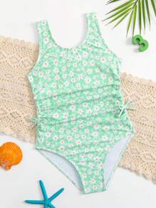 Young Girls' One-piece Swimsuit With Simple Design, Side Bows And Small Floral Prints, Summer - Green - View 1