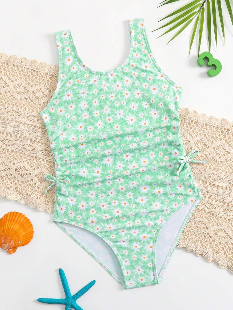 Young Girls' One-piece Swimsuit With Simple Design, Side Bows And Small Floral Prints, Summer - Green - View 1
