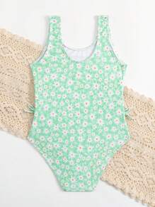Young Girls' One-piece Swimsuit With Simple Design, Side Bows And Small Floral Prints, Summer - Green - View 2