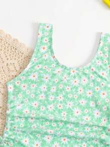 Young Girls' One-piece Swimsuit With Simple Design, Side Bows And Small Floral Prints, Summer - Green - View 3