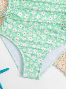 Young Girls' One-piece Swimsuit With Simple Design, Side Bows And Small Floral Prints, Summer - Green - View 5