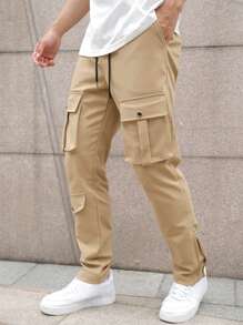 Manfinity LEGND Men Flap Pocket Drawstring Waist Cargo Trousers - Khaki - View 8
