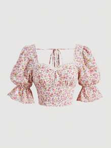 SHEIN MOD 碎花雞心領口泡泡袖短款襯衫 - 彩色 - 查看 2