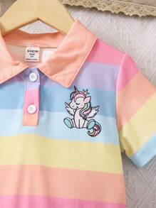 SHEIN 小女童獨角獸印花撞色Polo領百褶下擺連衣裙 - 彩色 - 查看 5