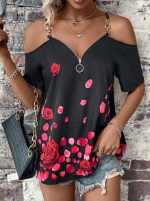 SHEIN VCAY 印花挖肩金屬圓環拉鏈細節襯衫 - 黑色 - 查看 4