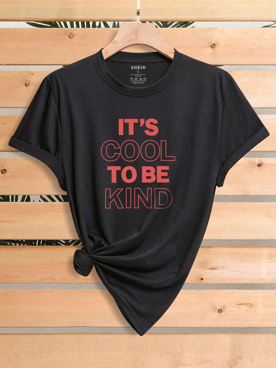 SHEIN LUNE 標語圖案T恤 - 黑色 - 查看 1