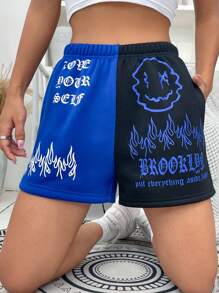 SHEIN Unity Cartoon & Slogan Graphic Two Tone Shorts - Multicolor - View 5