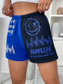 SHEIN Unity Cartoon & Slogan Graphic Two Tone Shorts - Multicolor - View 6
