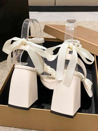 Fashion Beige Sandals For Women, Faux Pearl Decor Ruched Detail Chunky Heeled Ankle Strap Sandals Valentines