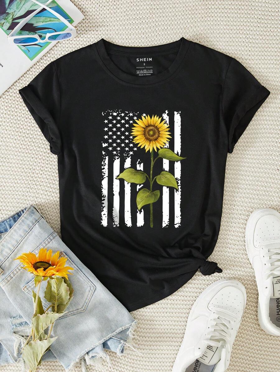 SHEIN LUNE 向日葵和國旗圖案T恤 - 黑色 - 查看 1