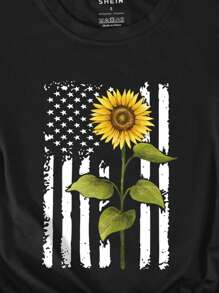 SHEIN LUNE 向日葵和國旗圖案T恤 - 黑色 - 查看 3