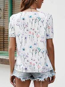 SHEIN LUNE Floral Print Puff Sleeve Blouse - White - View 2