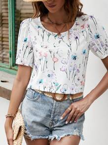 SHEIN LUNE Floral Print Puff Sleeve Blouse - White - View 4