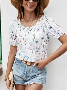 SHEIN LUNE Floral Print Puff Sleeve Blouse - White - View 6