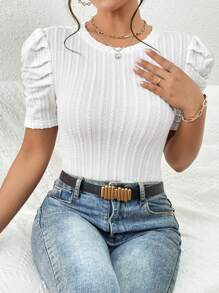 SHEIN Privé Solid Puff Sleeve Tee - White - View 1