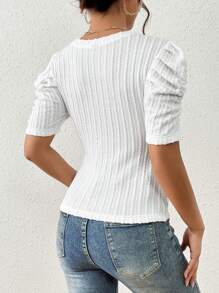 SHEIN Privé Solid Puff Sleeve Tee - White - View 2