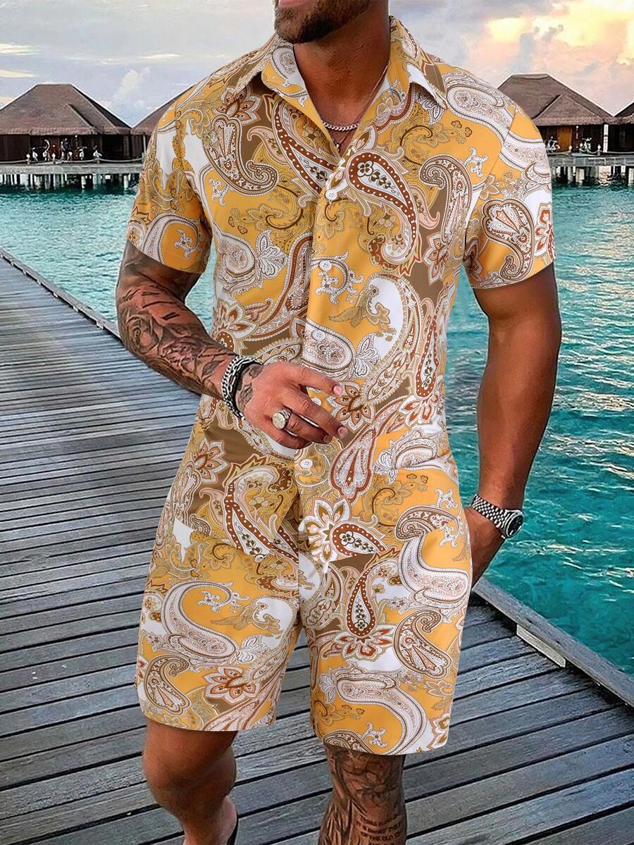 Manfinity RSRT 男士佩斯利印花襯衫&短褲 - 芥末黃 - 查看 1