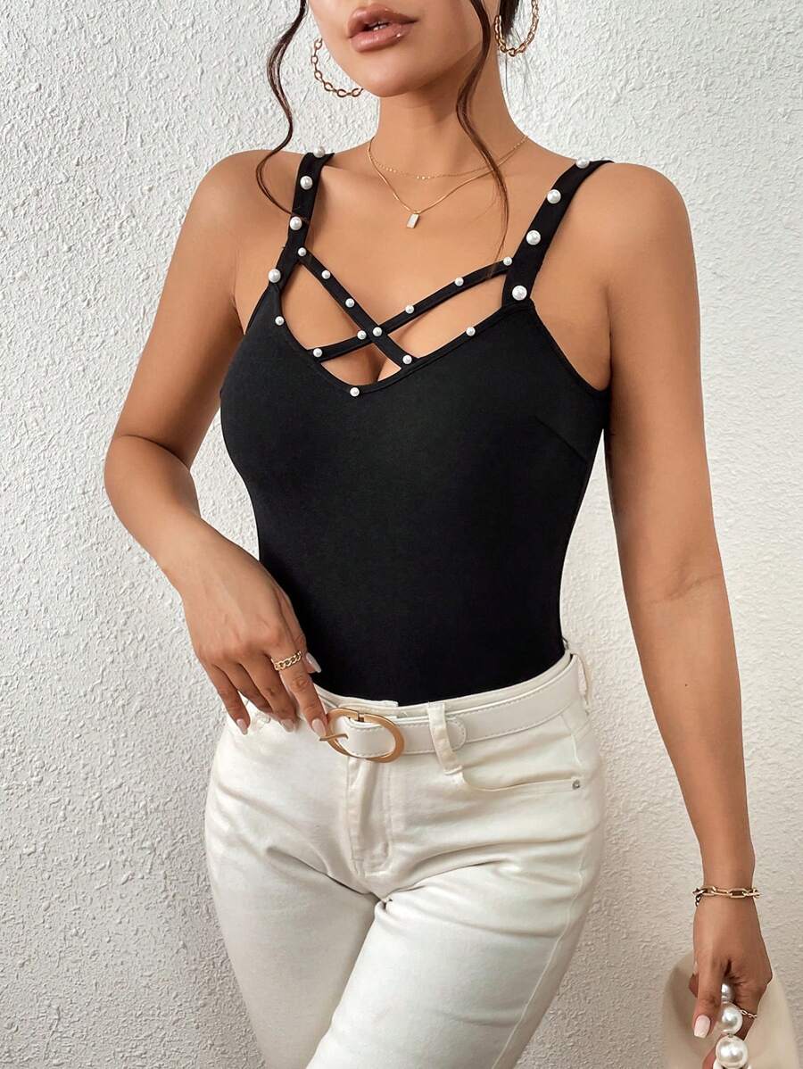SHEIN Privé Áo khoác và áo lót dành cho xe tăng nữ cườm đính Hội Chữ thập Ngọc trai màu trơn Giải trí - màu đen - Xem 1