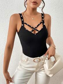 SHEIN Privé Áo khoác và áo lót dành cho xe tăng nữ cườm đính Hội Chữ thập Ngọc trai màu trơn Giải trí - màu đen - Xem 3