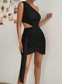 SHEIN Privé One Shoulder Cut Out Knot Side Tulip Hem Dress - Black - View 1