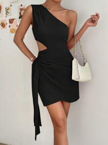 SHEIN Privé One Shoulder Cut Out Knot Side Tulip Hem Dress - Black - View 4