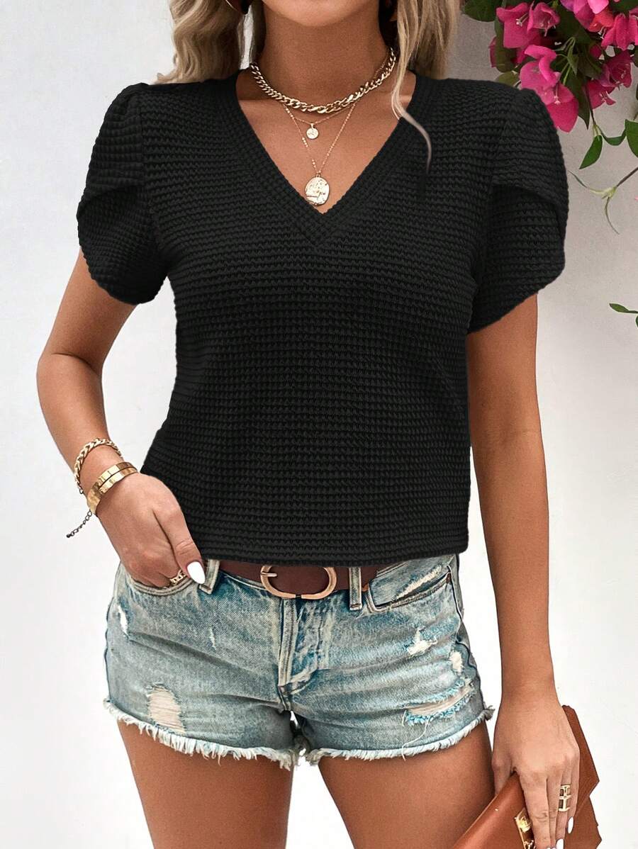 SHEIN LUNE 花瓣袖華夫格編織T恤 - 黑色 - 查看 1