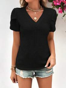 SHEIN LUNE 花瓣袖華夫格編織T恤 - 黑色 - 查看 5