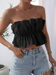 SHEIN Privé لباس علوي بدون حمالات موحدة اللون حافة مكشكشة