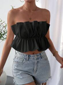 SHEIN Privé لباس علوي بدون حمالات موحدة اللون حافة مكشكشة