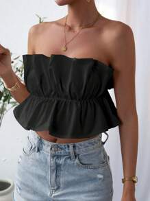 SHEIN Privé لباس علوي بدون حمالات موحدة اللون حافة مكشكشة