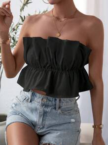 SHEIN Privé لباس علوي بدون حمالات موحدة اللون حافة مكشكشة