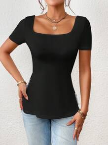 Aveloria Modichic 大圓領下擺開叉T恤 - 黑色 - 查看 3