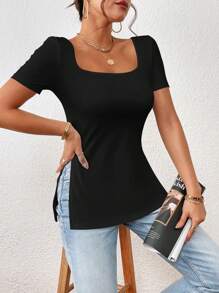 Aveloria Modichic 大圓領下擺開叉T恤 - 黑色 - 查看 5