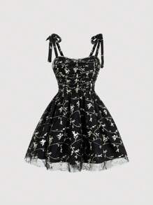 SHEIN MOD Floral Embroidery Mesh Overlay Cami Dress - Black - View 1