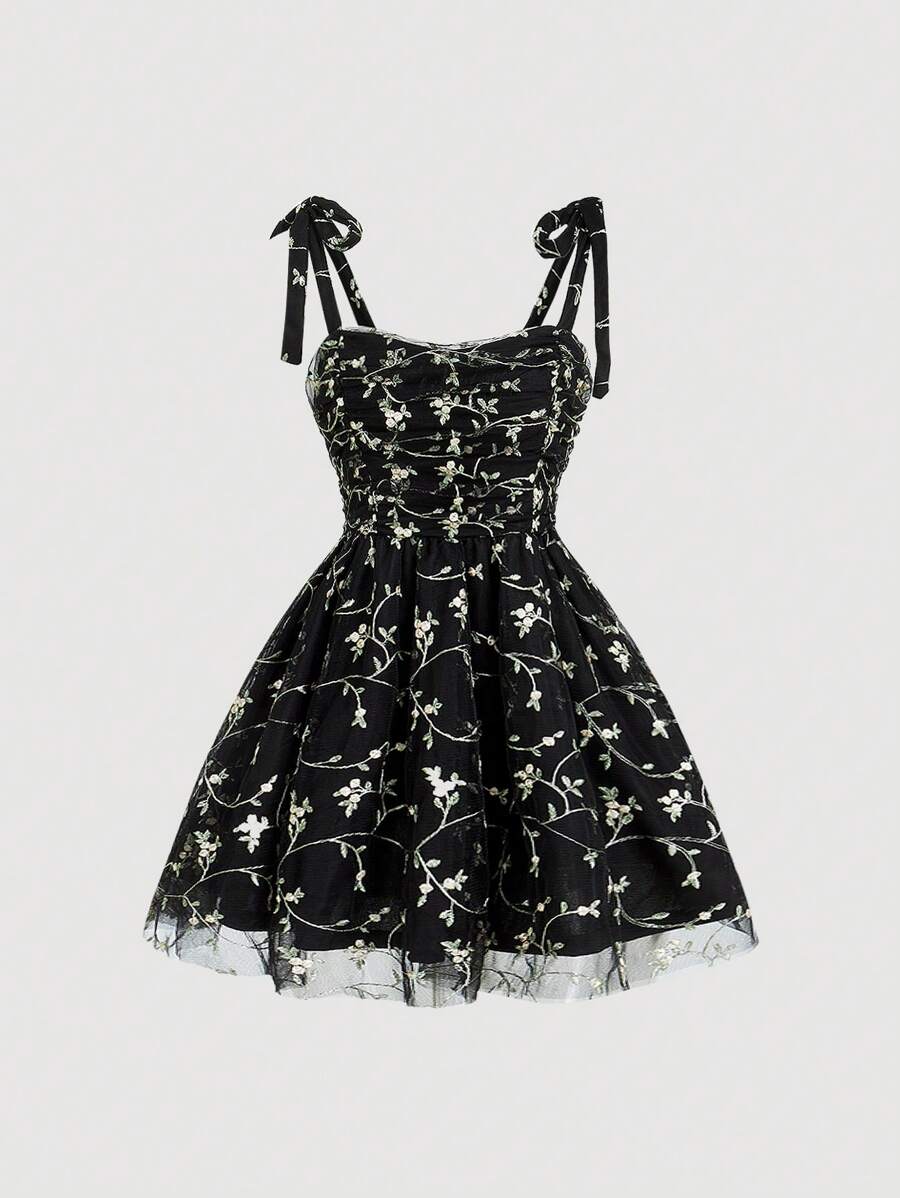 SHEIN MOD Floral Embroidery Mesh Overlay Cami Dress - Black - View 1