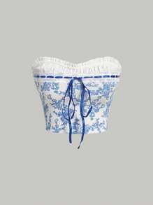 SHEIN MOD Floral Print Frill Trim Knot Front Tube Top - Blue and White - View 1