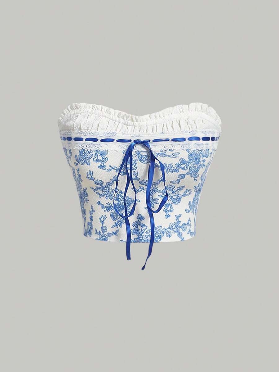 SHEIN MOD Floral Print Frill Trim Knot Front Tube Top - Blue and White - View 1